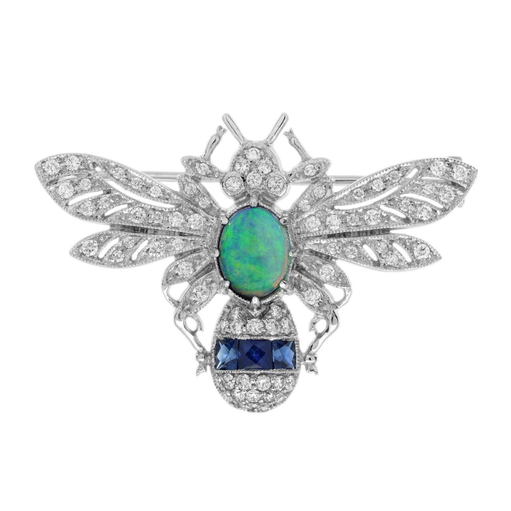 Black Opal Sapphire and Diamond Art Deco Style Bee Brooch