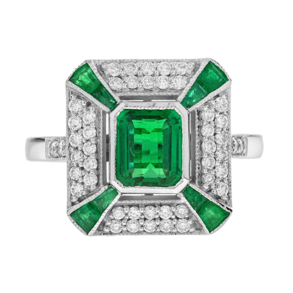 0.89 Ct. Emerald Diamond Art Deco Style Octagon Engagement Ring