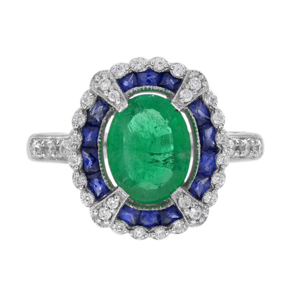 1.7 Ct. Emerald Sapphire and Diamond Art Deco Style Halo Ring