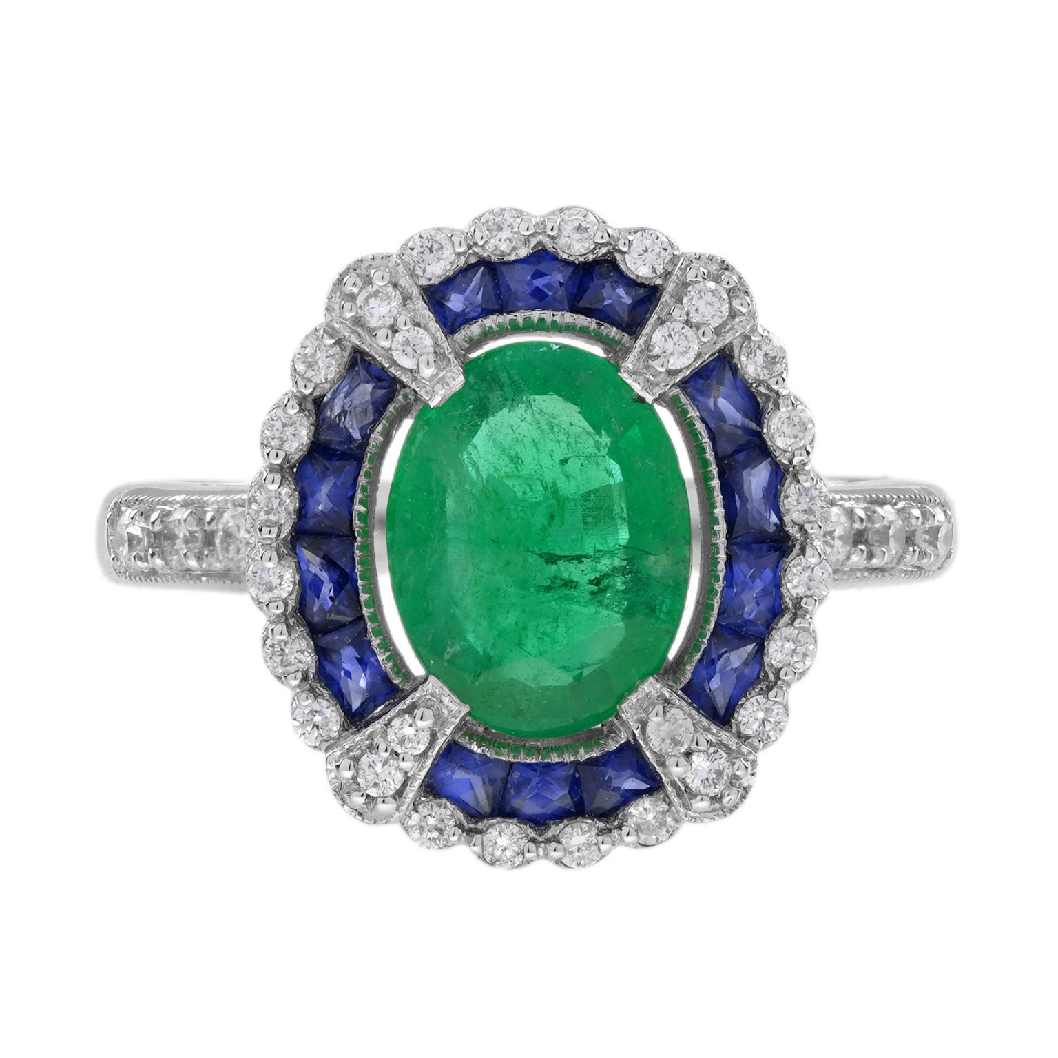 1.7 Ct. Emerald Sapphire and Diamond Art Deco Style Halo Ring