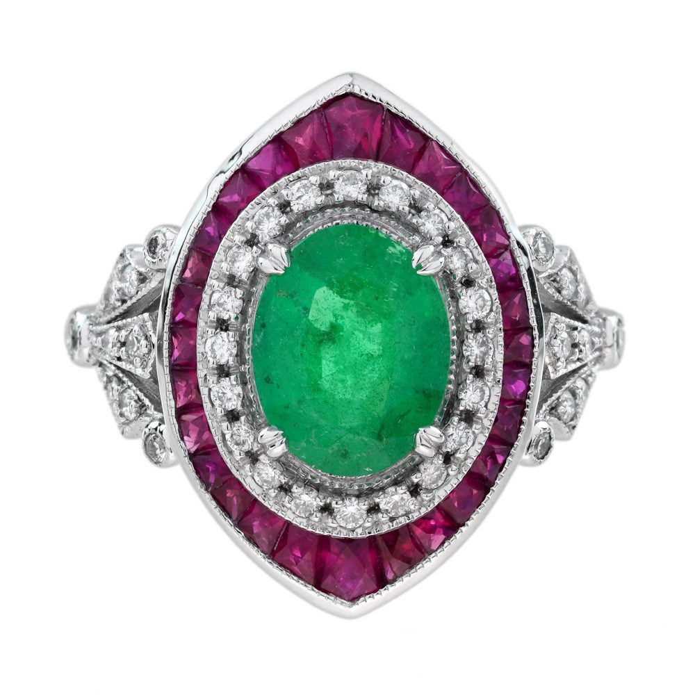 1.3 Ct. Emerald Ruby and Diamond Art Deco Style Floral Shoulder Ring