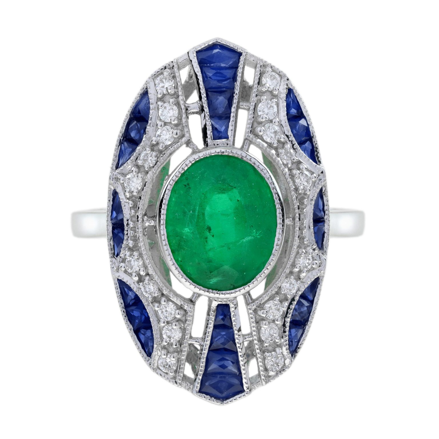 2.1 Ct. Emerald Sapphire and Diamond Art Deco Style Dinner Ring
