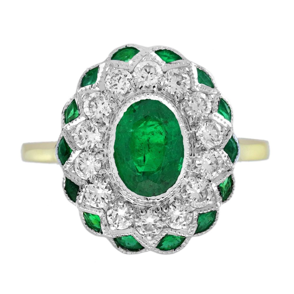 1.15 Ct. Emerald and Diamond Art Deco Style Floral Halo Ring