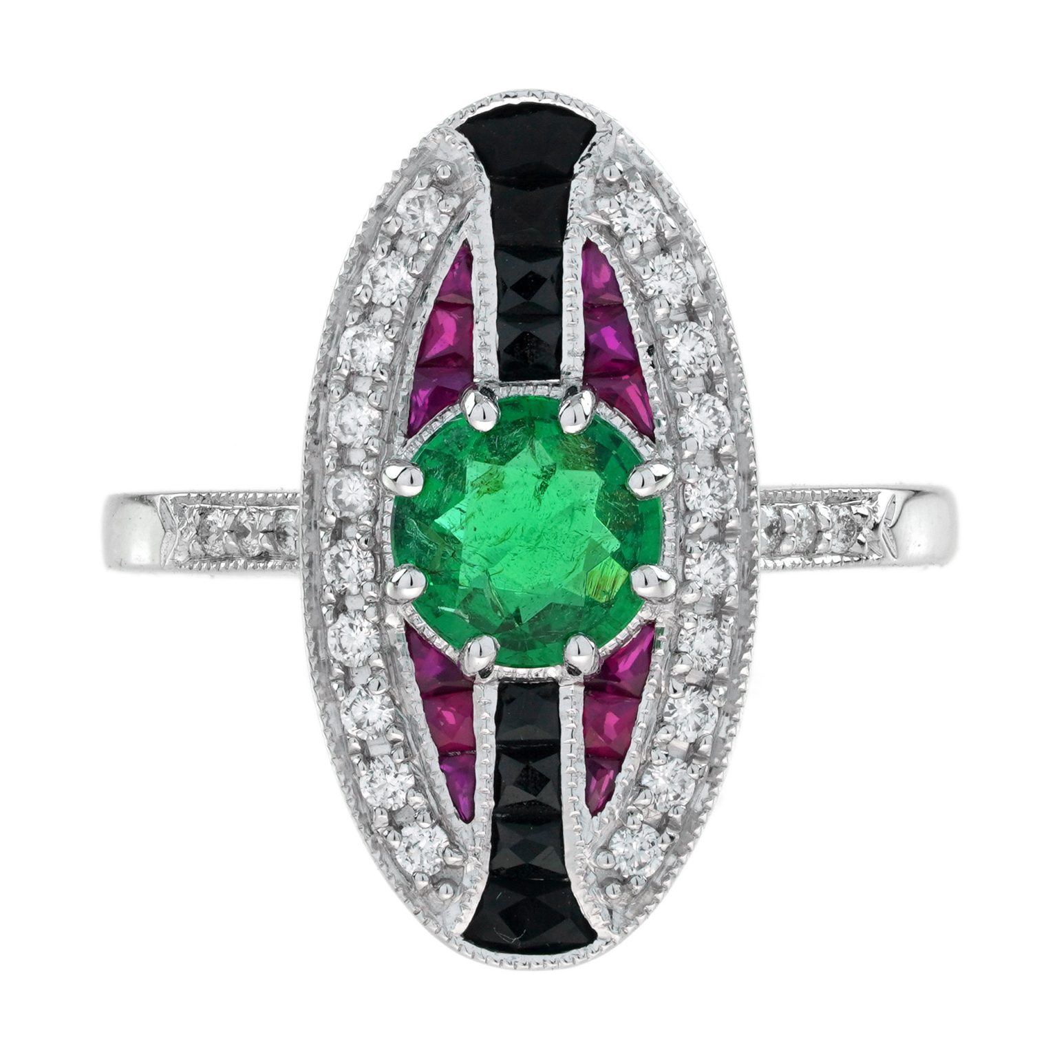 Emerald Ruby and Onyx Art Deco Style Cocktail Ring