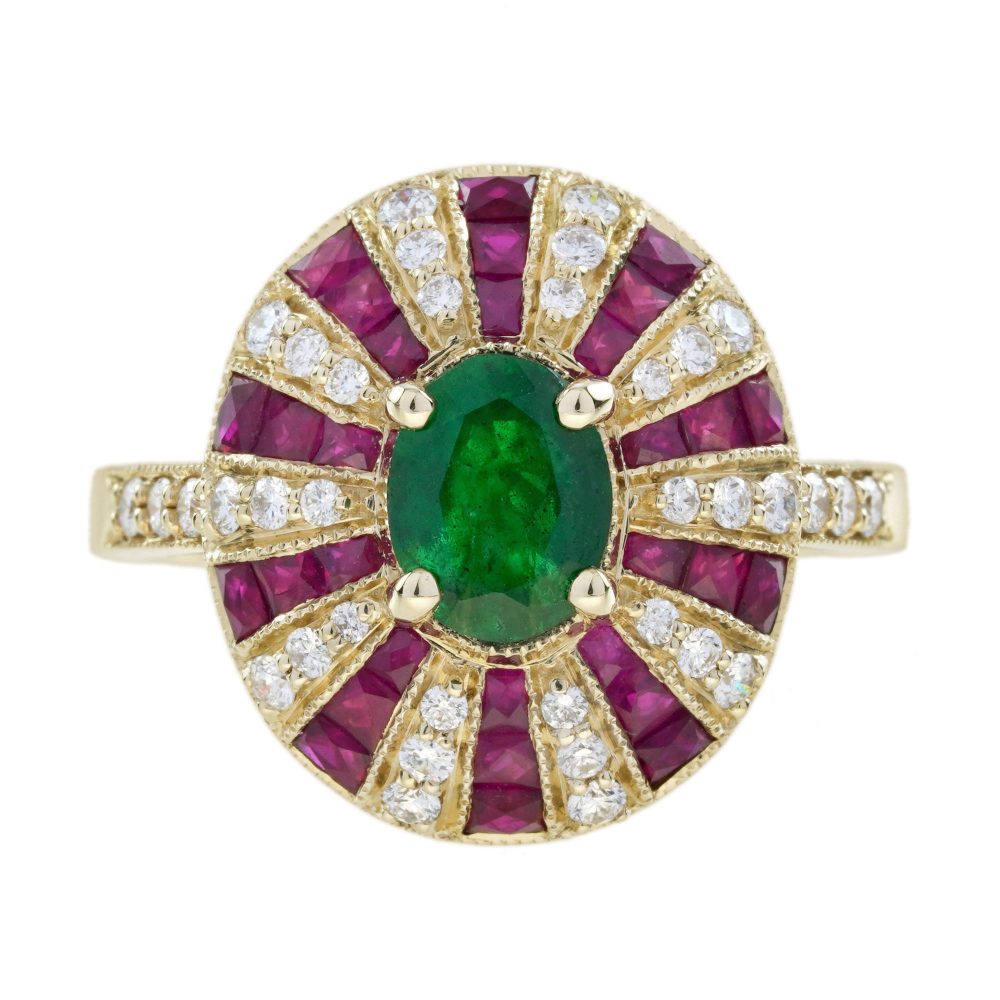 Emerald Ruby and Diamond Art Deco Style Engagement Ring