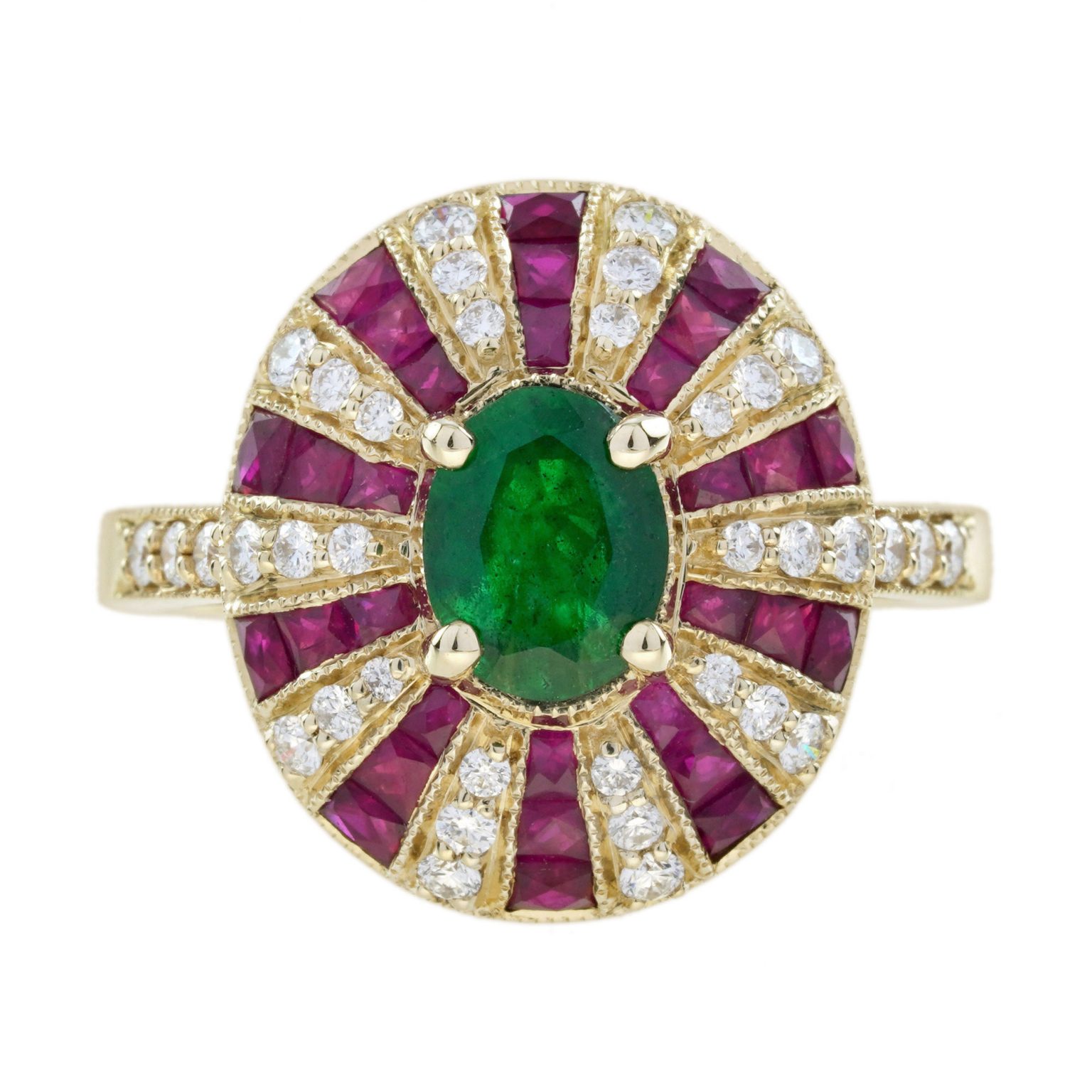 Emerald Ruby and Diamond Art Deco Style Engagement Ring