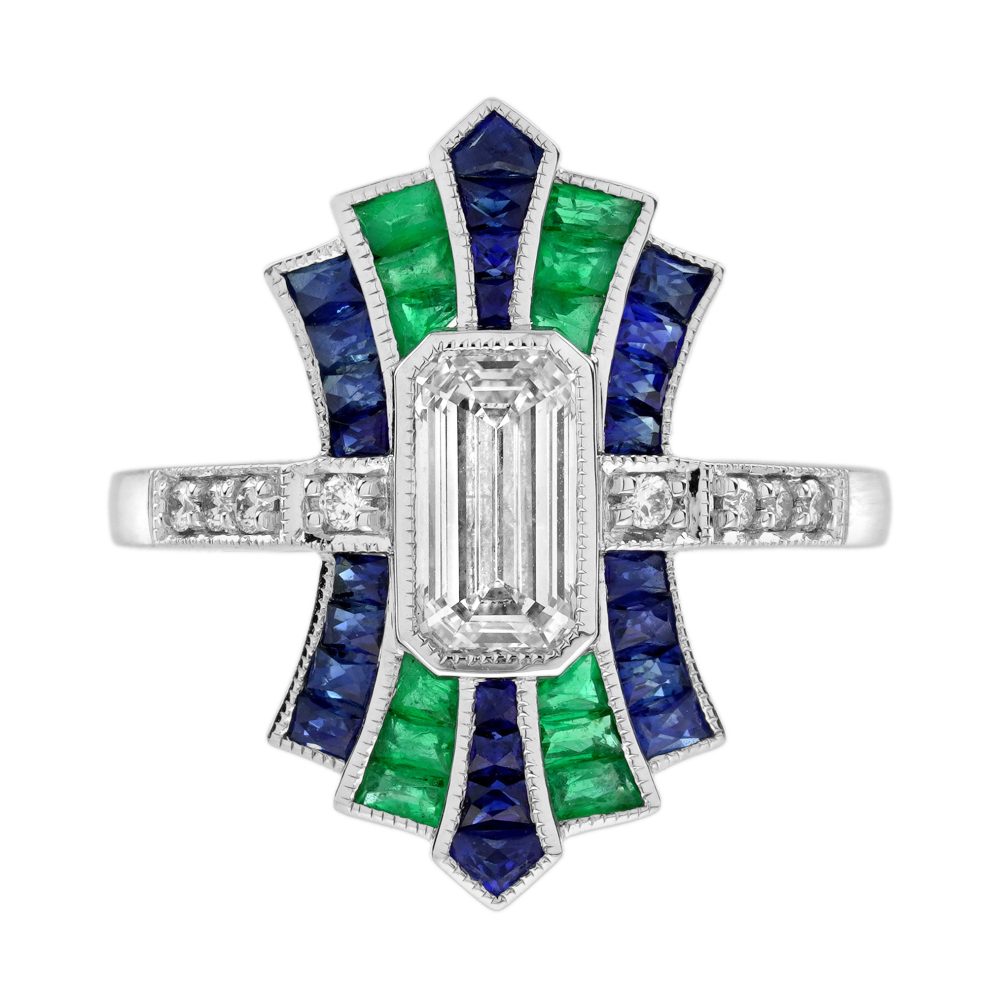 1 Ct. Diamond Emerald and Sapphire Art Deco Style Ring