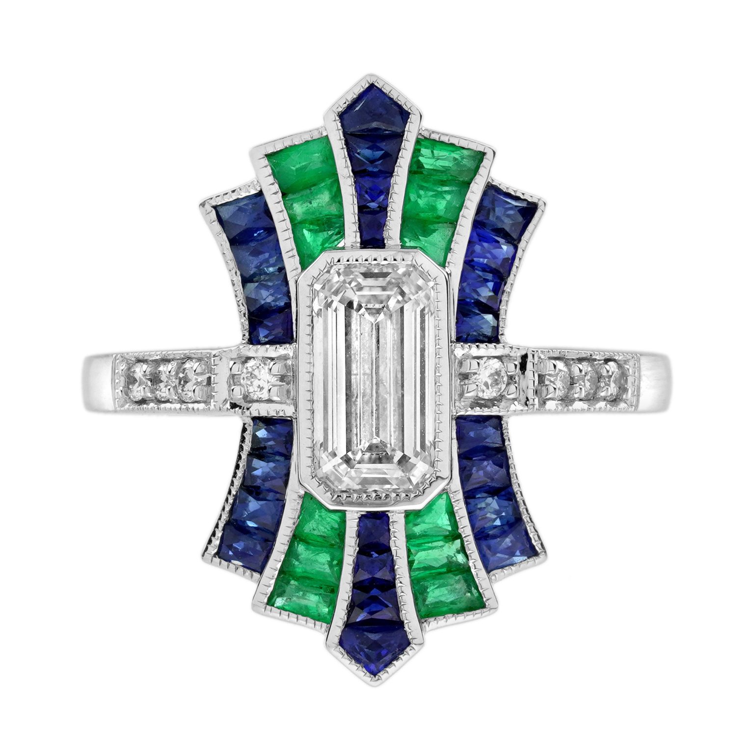 1 Ct. Diamond Emerald and Sapphire Art Deco Style Ring