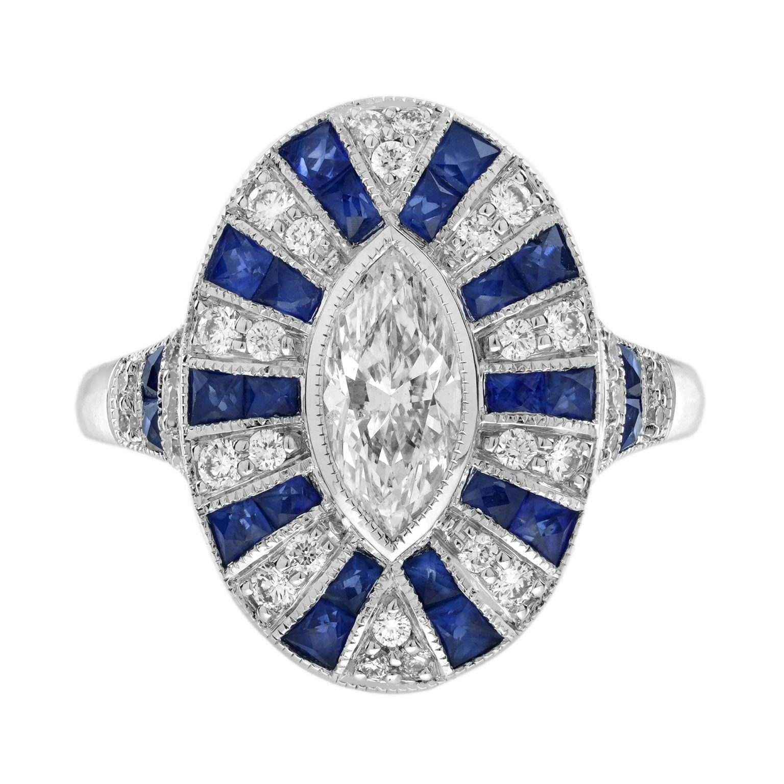 .72 Ct. Marquise Diamond Sapphire Art Deco Style Engagement Ring