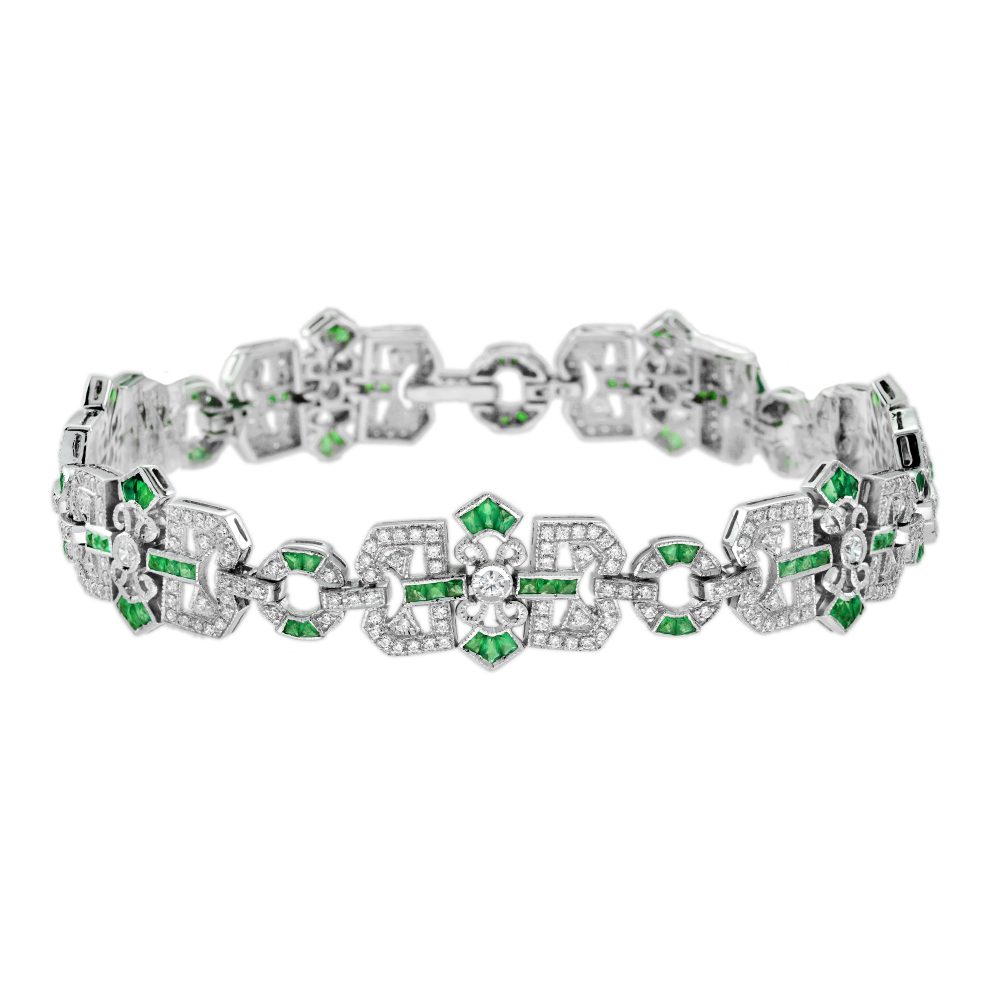 Diamond and Emerald Art Deco Filigree Style Link Bracelet