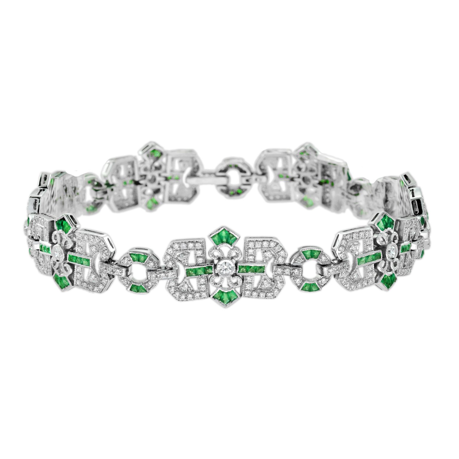 Diamond and Emerald Art Deco Filigree Style Link Bracelet