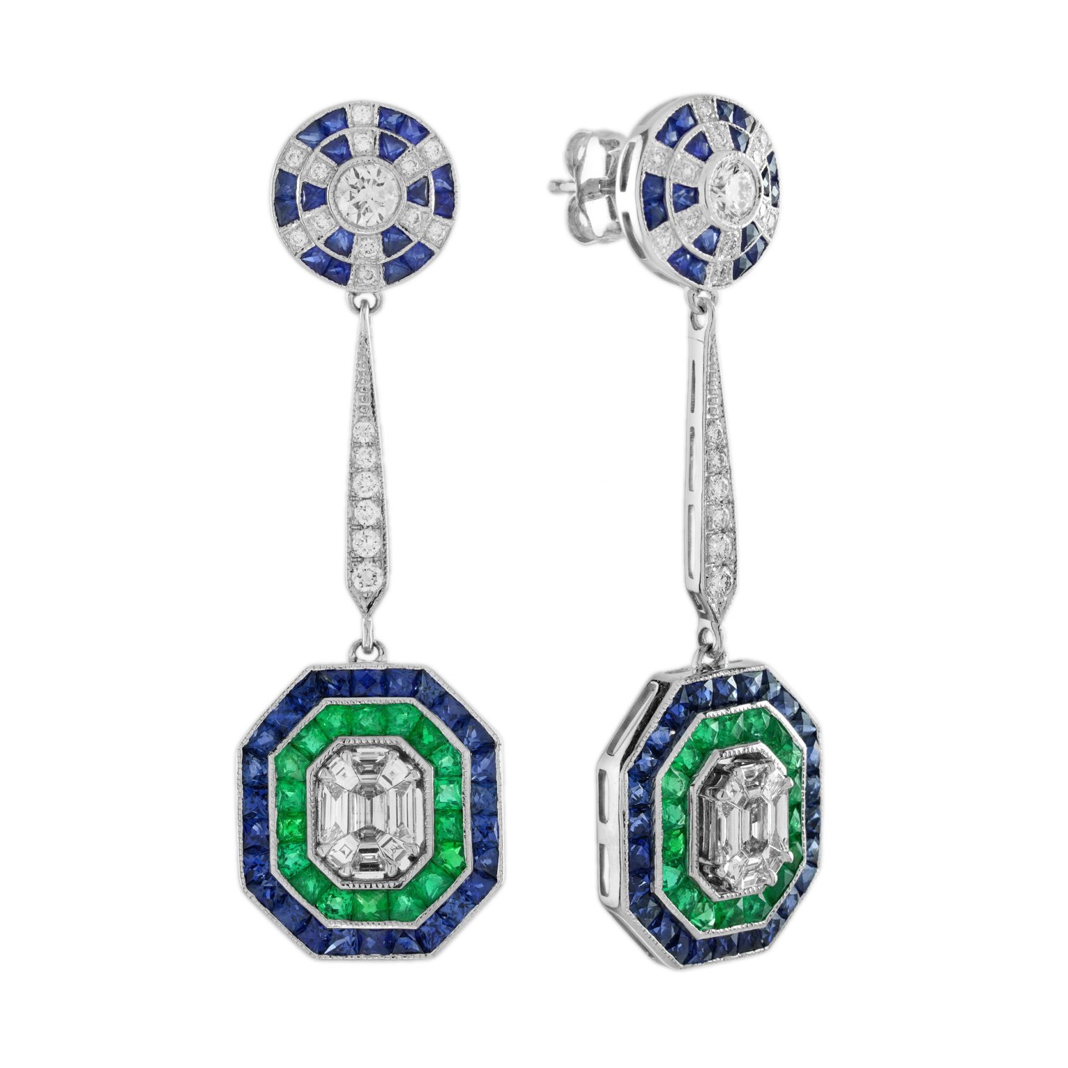 Diamond Emerald and Sapphire Art Deco Style Drop Earrings