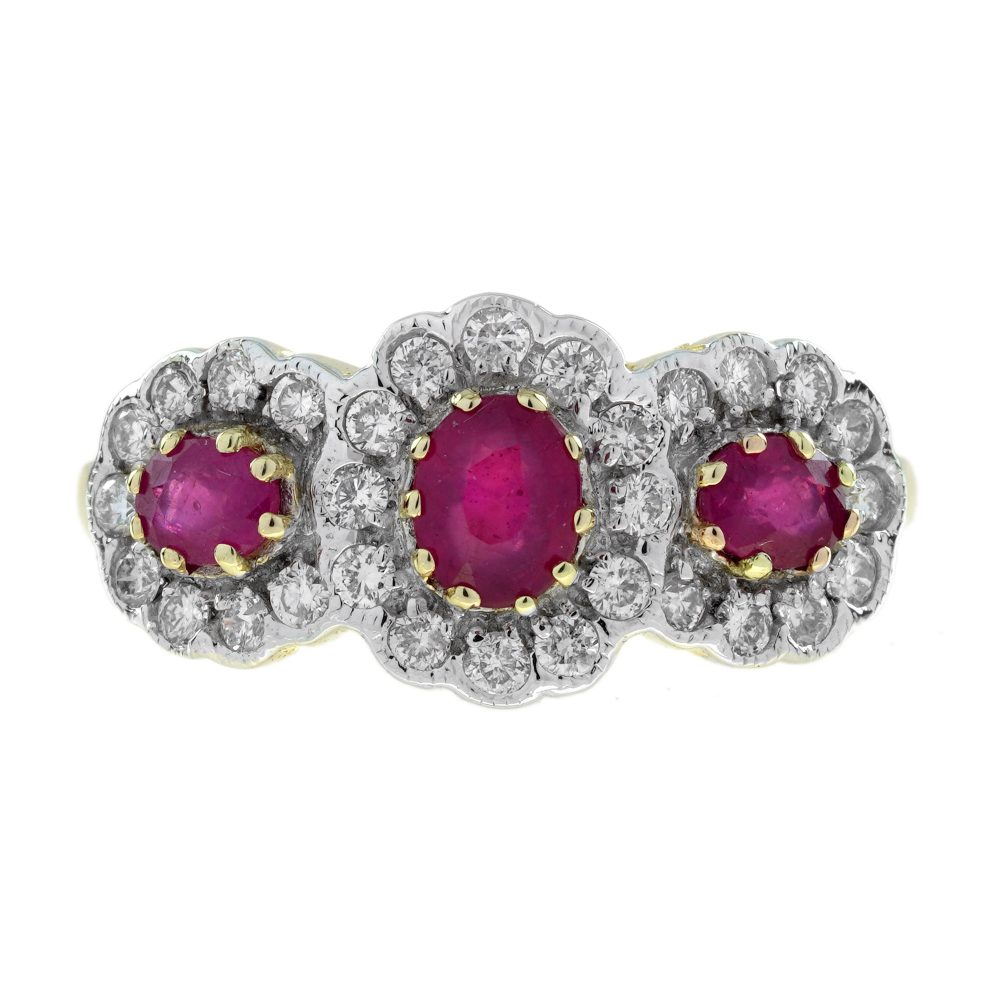 Ruby and Diamond Art Deco Style Three Stone Ring in Two Tone Gold