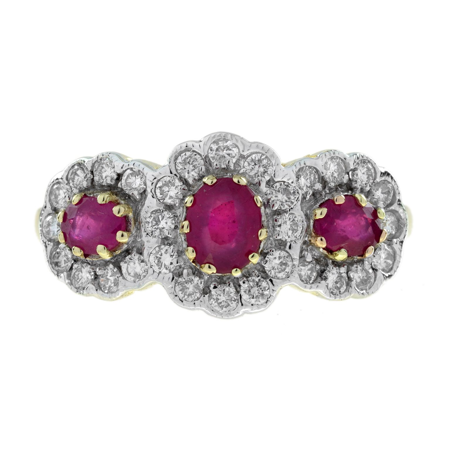 Ruby and Diamond Art Deco Style Three Stone Ring in Two Tone Gold
