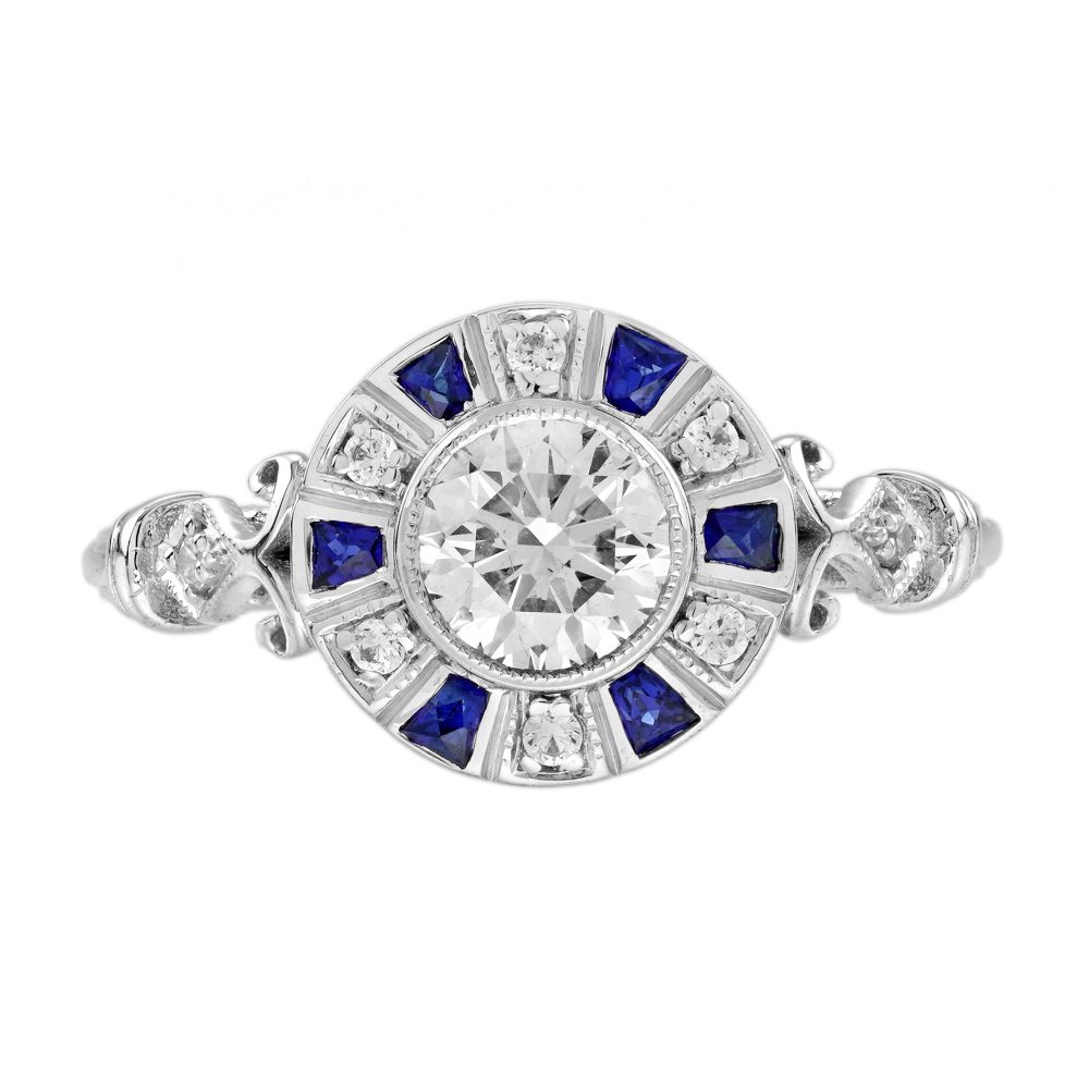 Diamond and Blue Sapphire Art Deco Style Target Engagement Ring