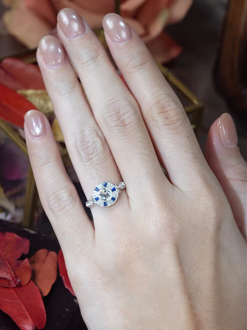 R3508 D2-S9-D5 L2609OB 01 Diamond and Blue Sapphire Art Deco Style Target Engagement Ring