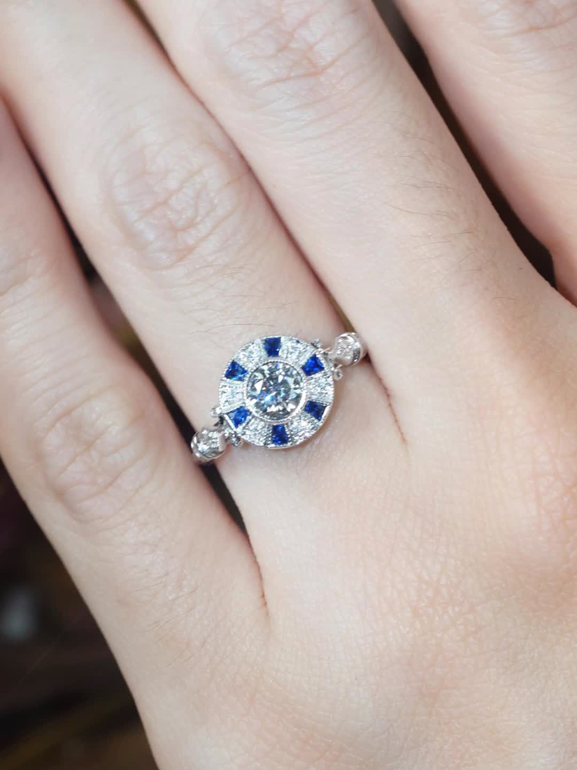 R3508 D2-S9-D5 L2609OB 02 Diamond and Blue Sapphire Art Deco Style Target Engagement Ring