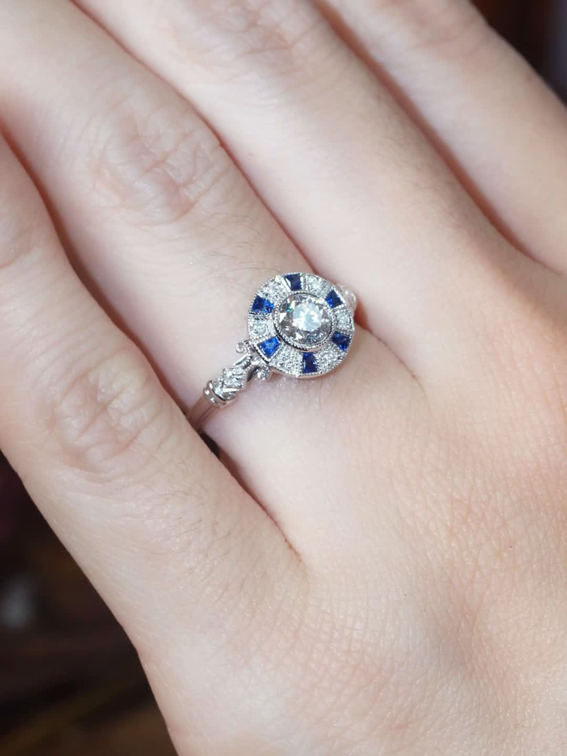 R3508 D2-S9-D5 L2609OB 03 Diamond and Blue Sapphire Art Deco Style Target Engagement Ring