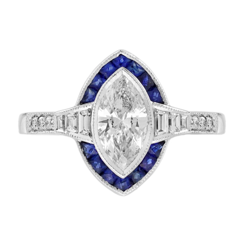 .71 Ct. Marquise Diamond and Sapphire Art Deco Style Engagement Ring
