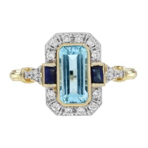 Blue Topaz Sapphire and Diamond Art Deco Style Engagement Ring