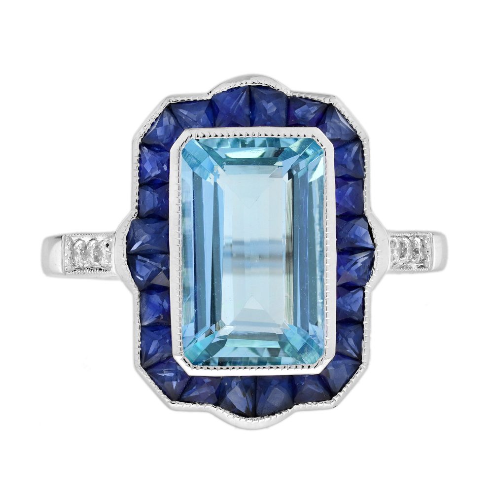 Aquamarine Sapphire Diamond Art Deco Style Cocktail Ring