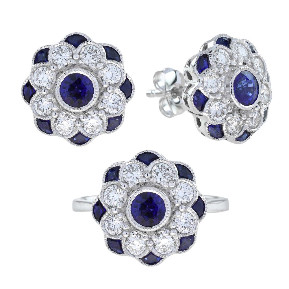 Sapphire and Diamond Ring and Stud Earrings Jewelry Set