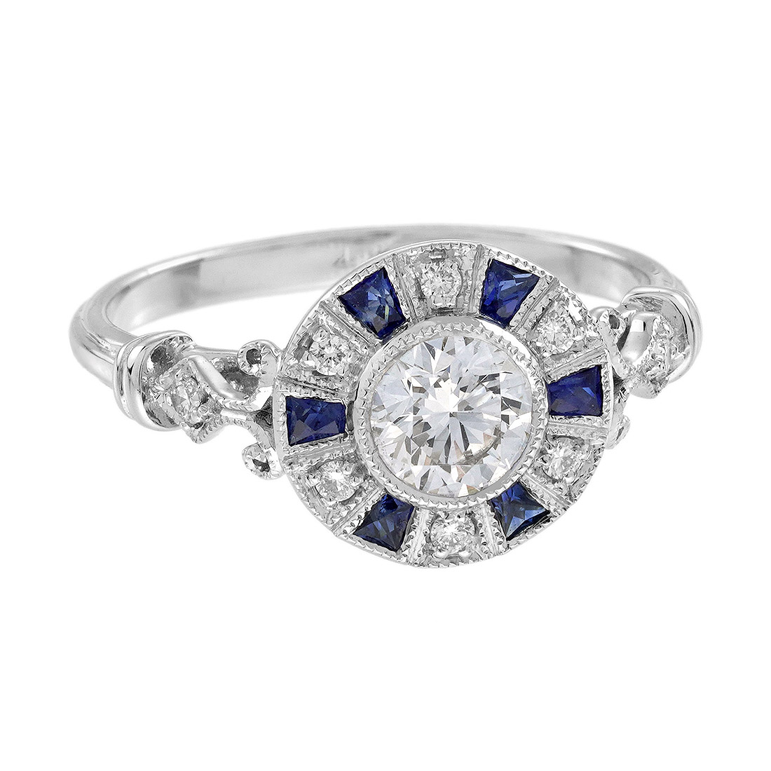 diamond-and-sapphire-halo-engagement-ring-14k-gold-angled-view Diamond and Blue Sapphire Art Deco Style Target Engagement Ring