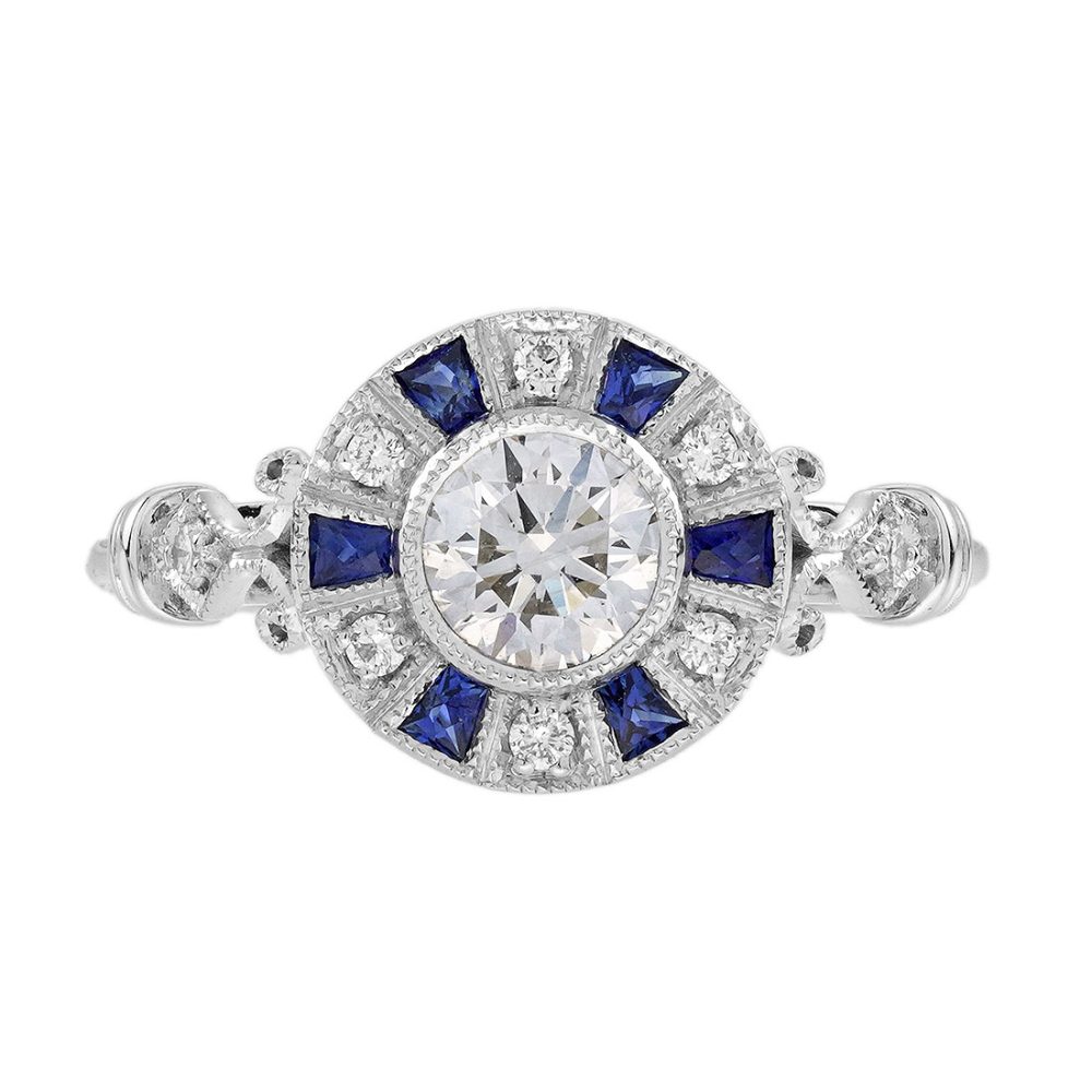 Diamond and Blue Sapphire Art Deco Style Target Engagement Ring