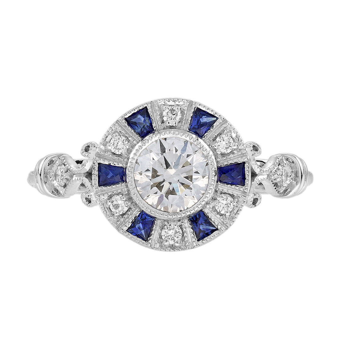 diamond-and-sapphire-halo-engagement-ring-14k-gold-front Diamond and Blue Sapphire Art Deco Style Target Engagement Ring