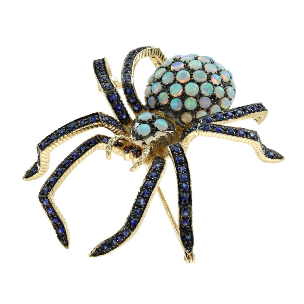 Opal Sapphire and Ruby Art Deco Style Spider Brooch