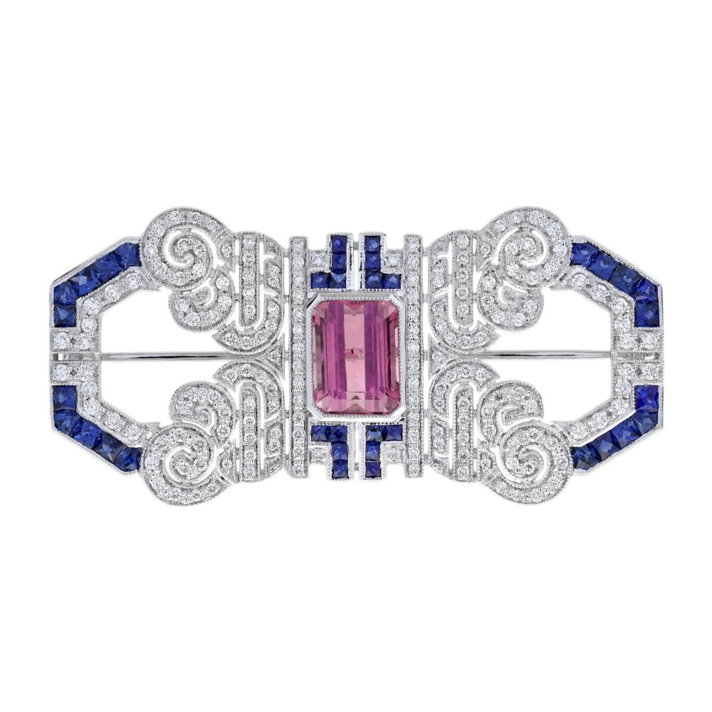Pink Tourmaline Sapphire and Diamond Art Deco Style Brooch
