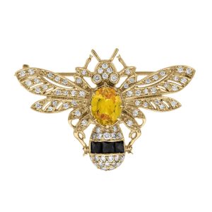 Yellow Sapphire Onyx Diamond Art Deco Style Bee Brooch