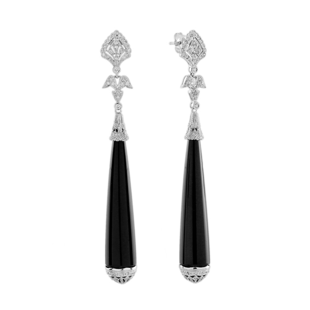 Onyx and Diamond Art Deco Style Dangle Earrings