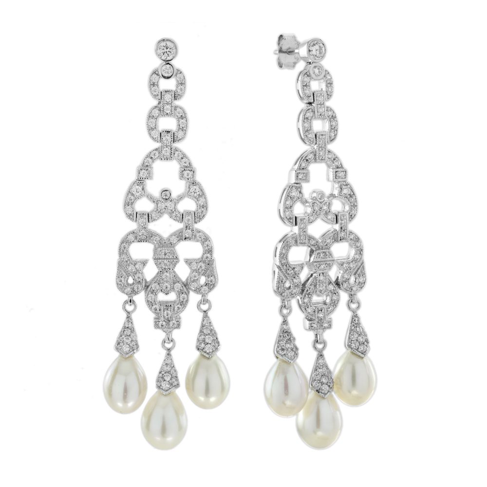 Diamond and Pearl Art Deco Style Dangle Earrings