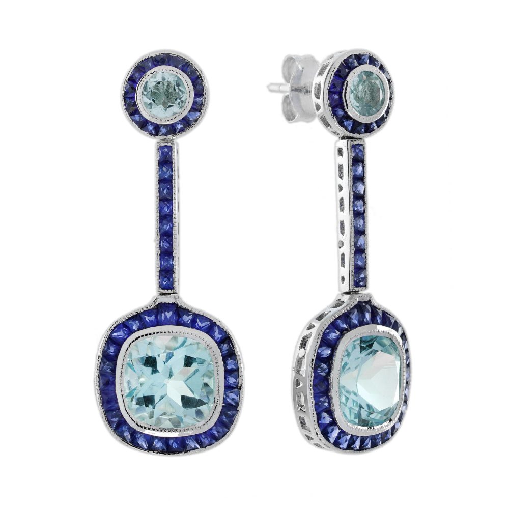 Aquamarine and Sapphire Art Deco Style Drop Earrings