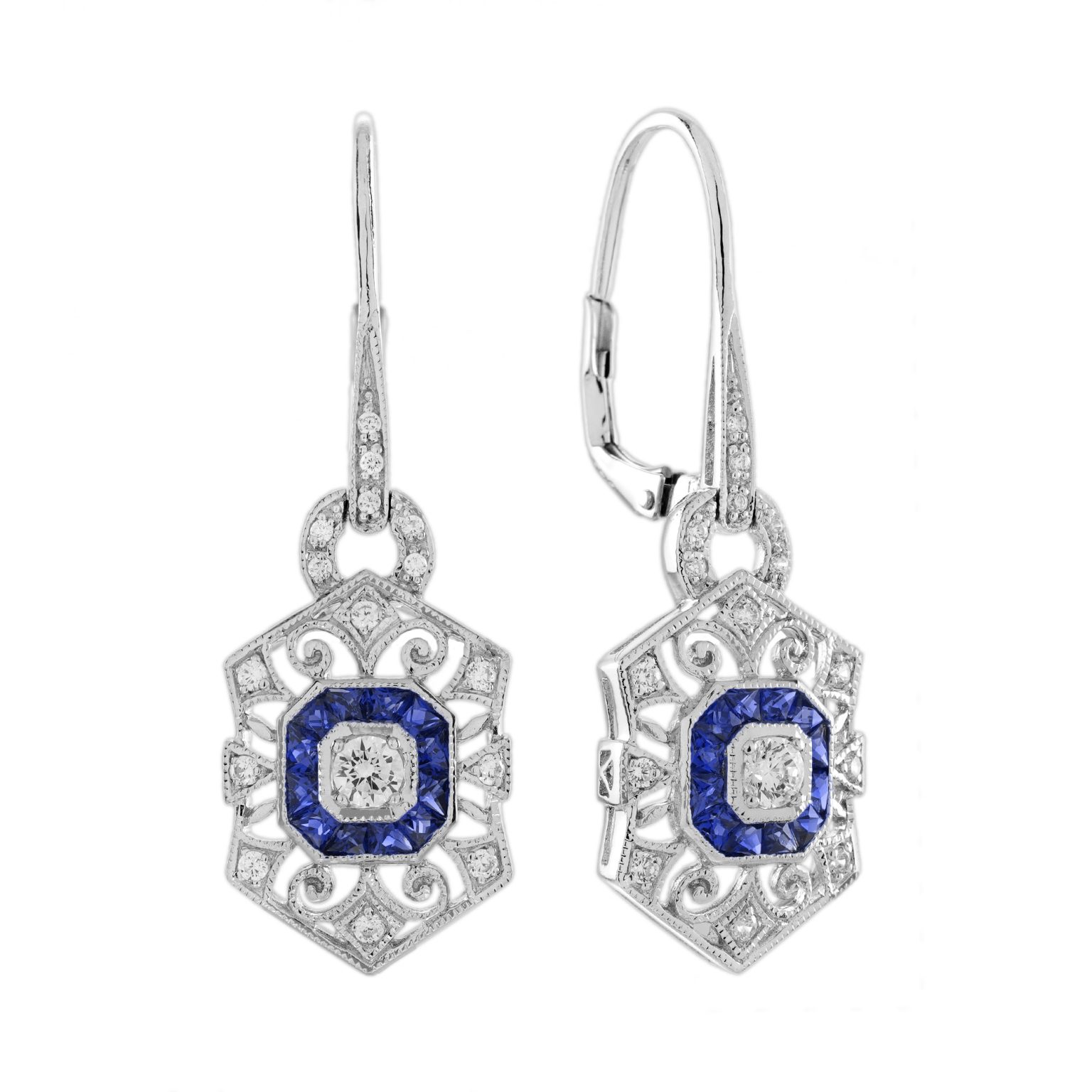 Diamond Sapphire Art Deco Style Openwork Drop Earrings