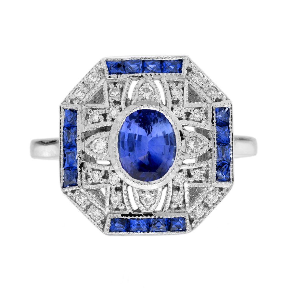 Ceylon Sapphire and Diamond Art Deco Style Engagement Ring