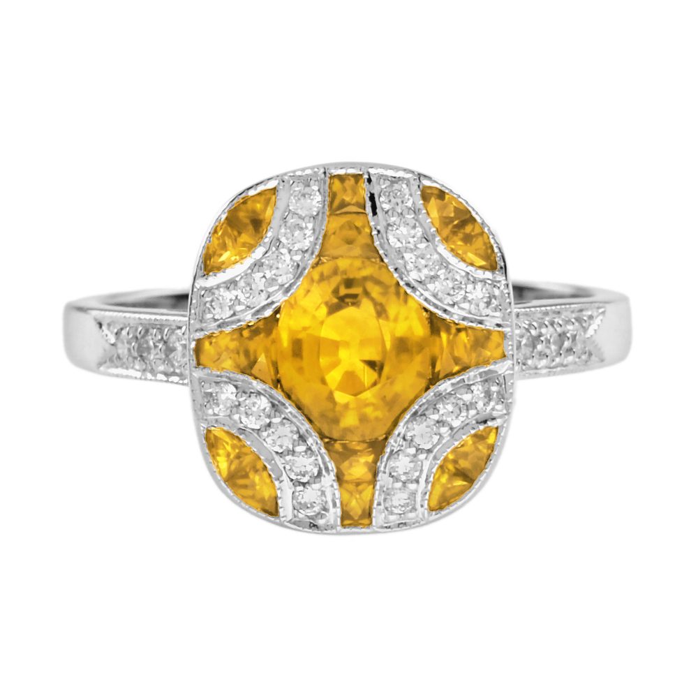 Yellow Sapphire and Diamond Art Deco Style Engagement Ring