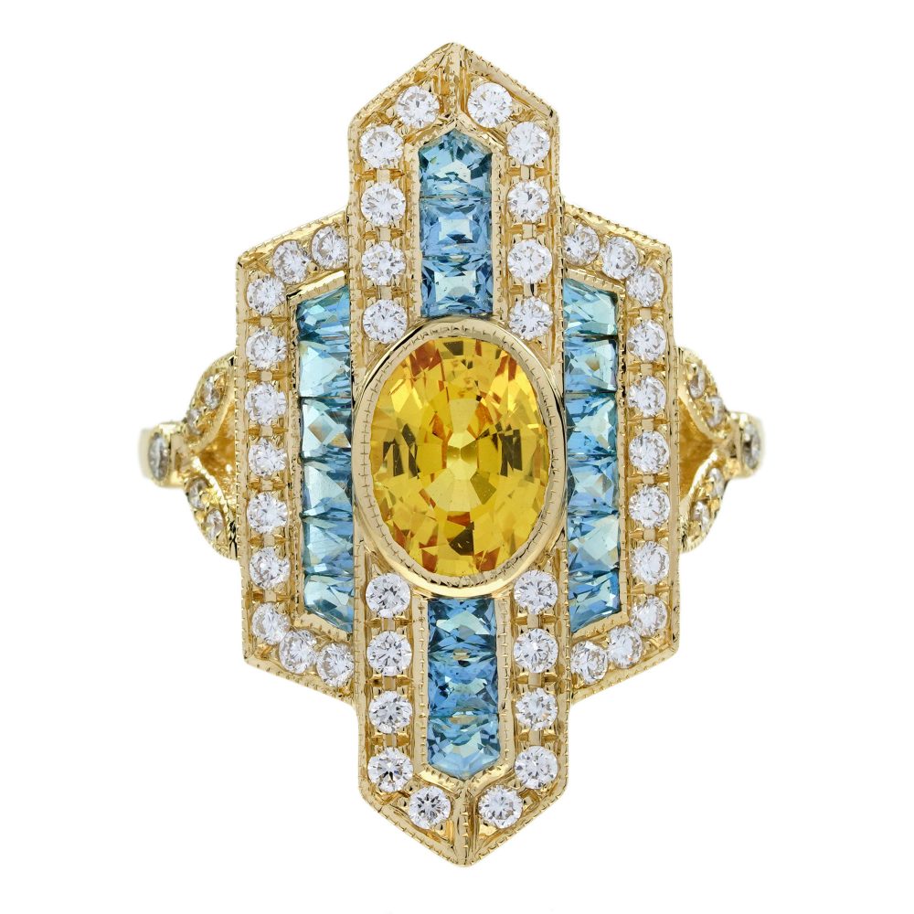 Yellow Sapphire Aquamarine and Diamond Art Deco Style Dinner Ring