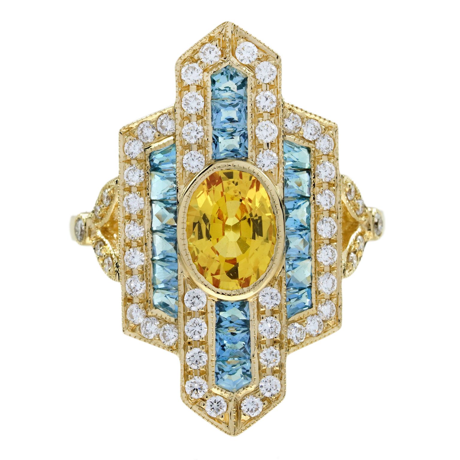 Yellow Sapphire Aquamarine and Diamond Art Deco Style Dinner Ring