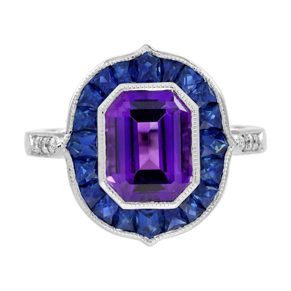 Amethyst Sapphire and Diamond Art Deco Style Engagement Ring