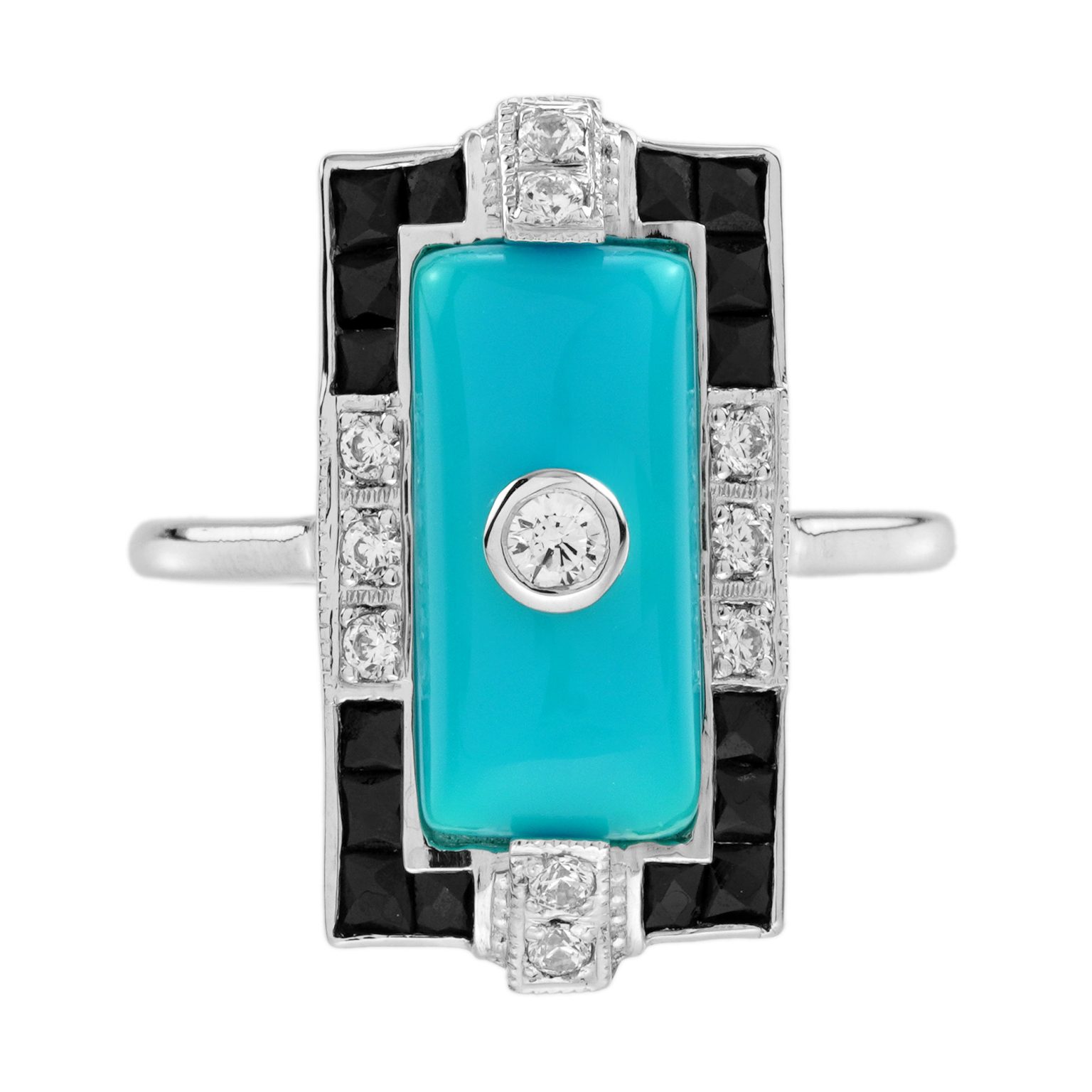 Diamond Turquoise and Onyx Art Deco Style Cocktail Ring