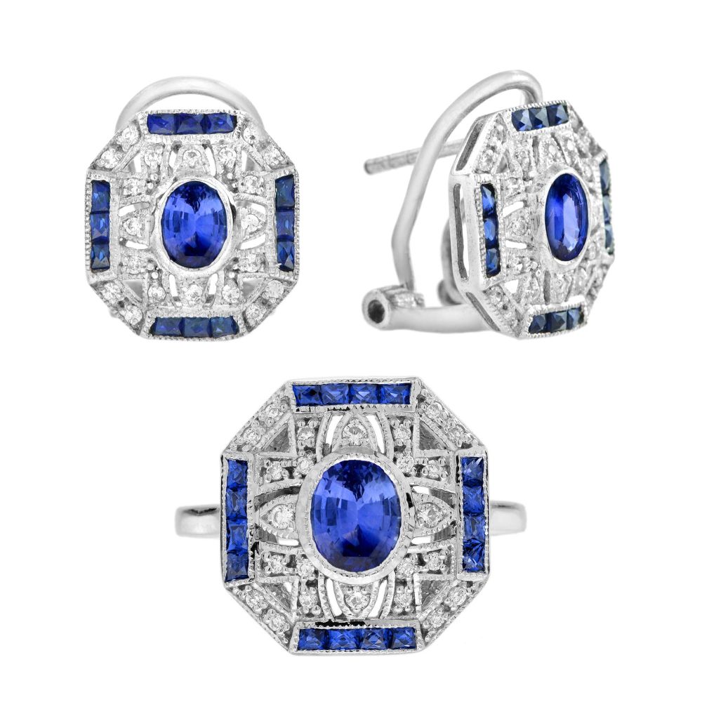 Ceylon Sapphire Diamond Art Deco Style Ring Earrings Jewelry Set