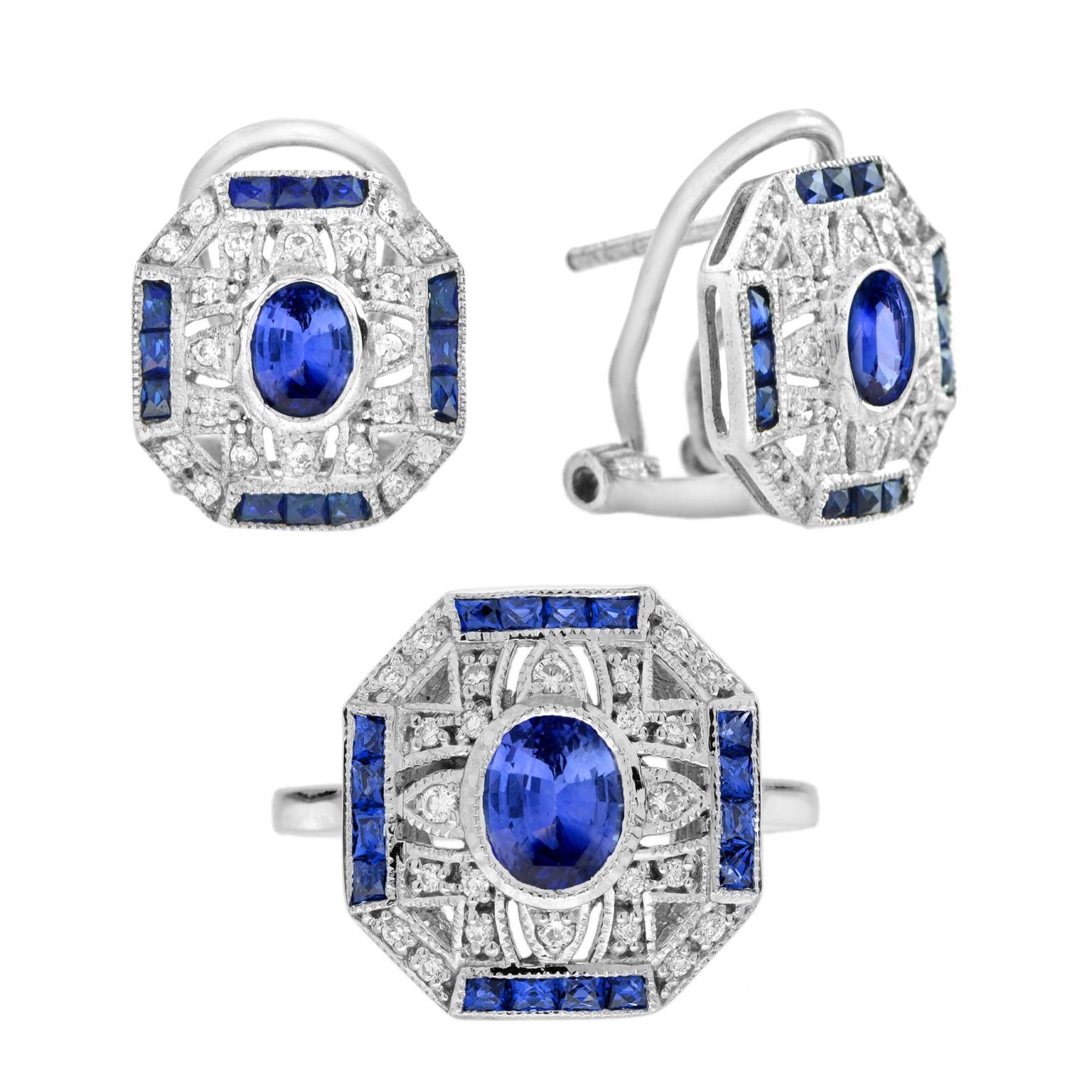 Ceylon Sapphire Diamond Art Deco Style Ring Earrings Jewelry Set