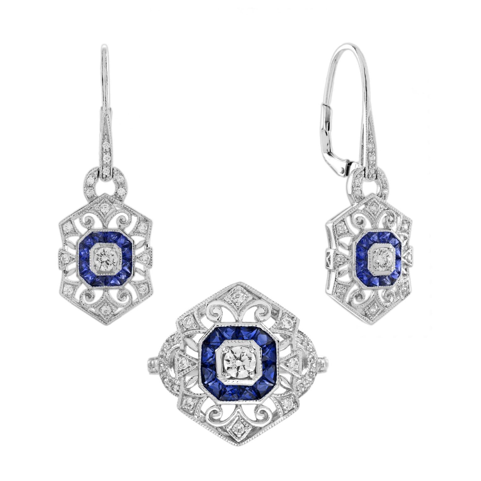 Diamond and Sapphire Art Deco Style Ring and Earrings Jewelry Set