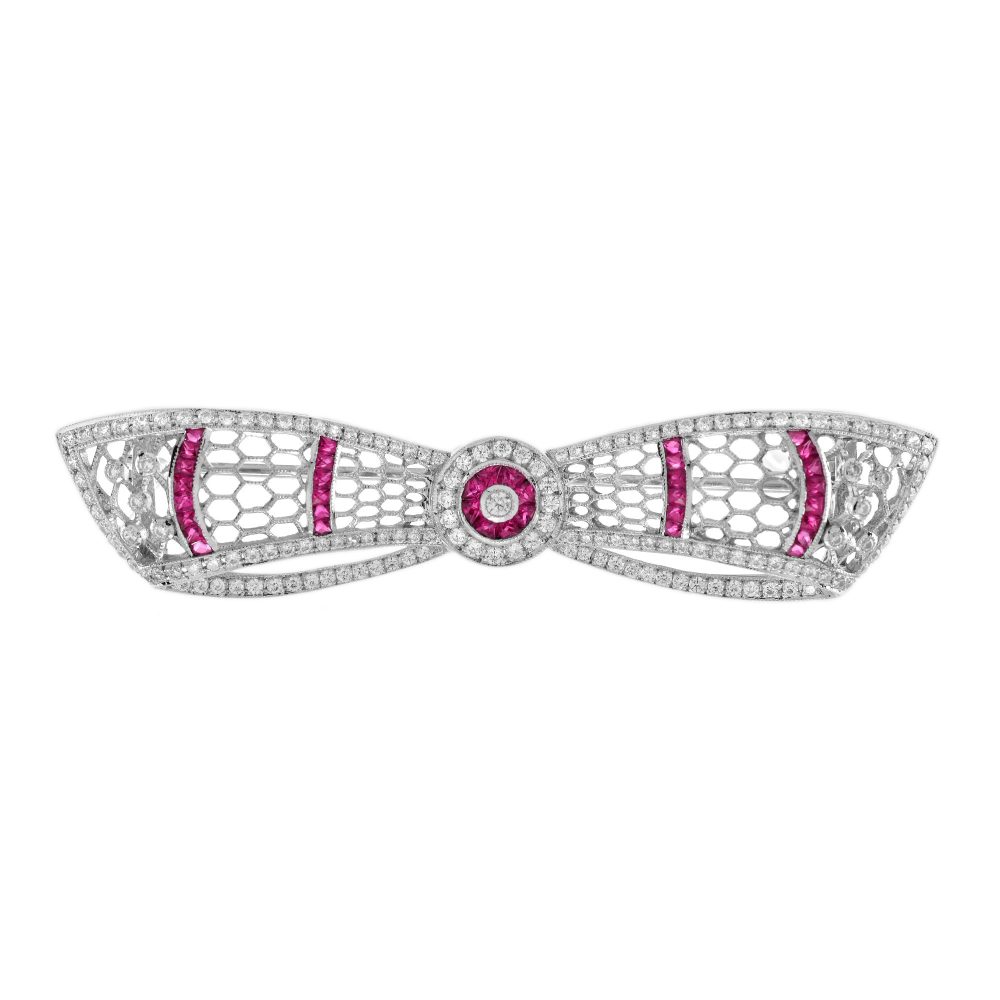 Ruby and Diamond Art Deco Style Bow Brooch