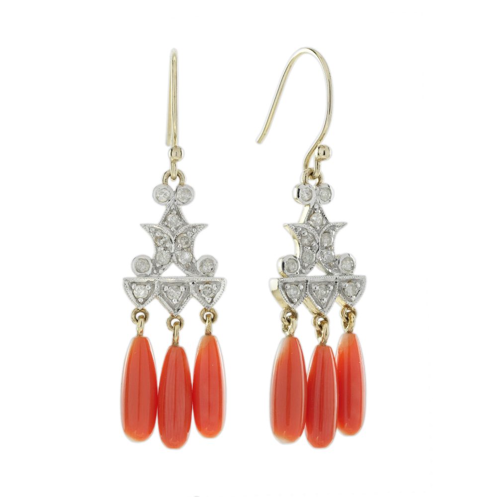 Diamond and Coral Art Deco Style Dangle Earrings