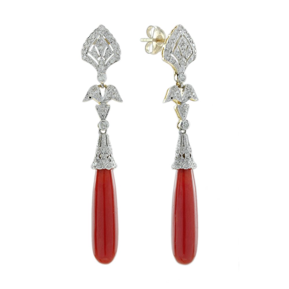Coral and Diamond Art Deco Style Dangle Earrings