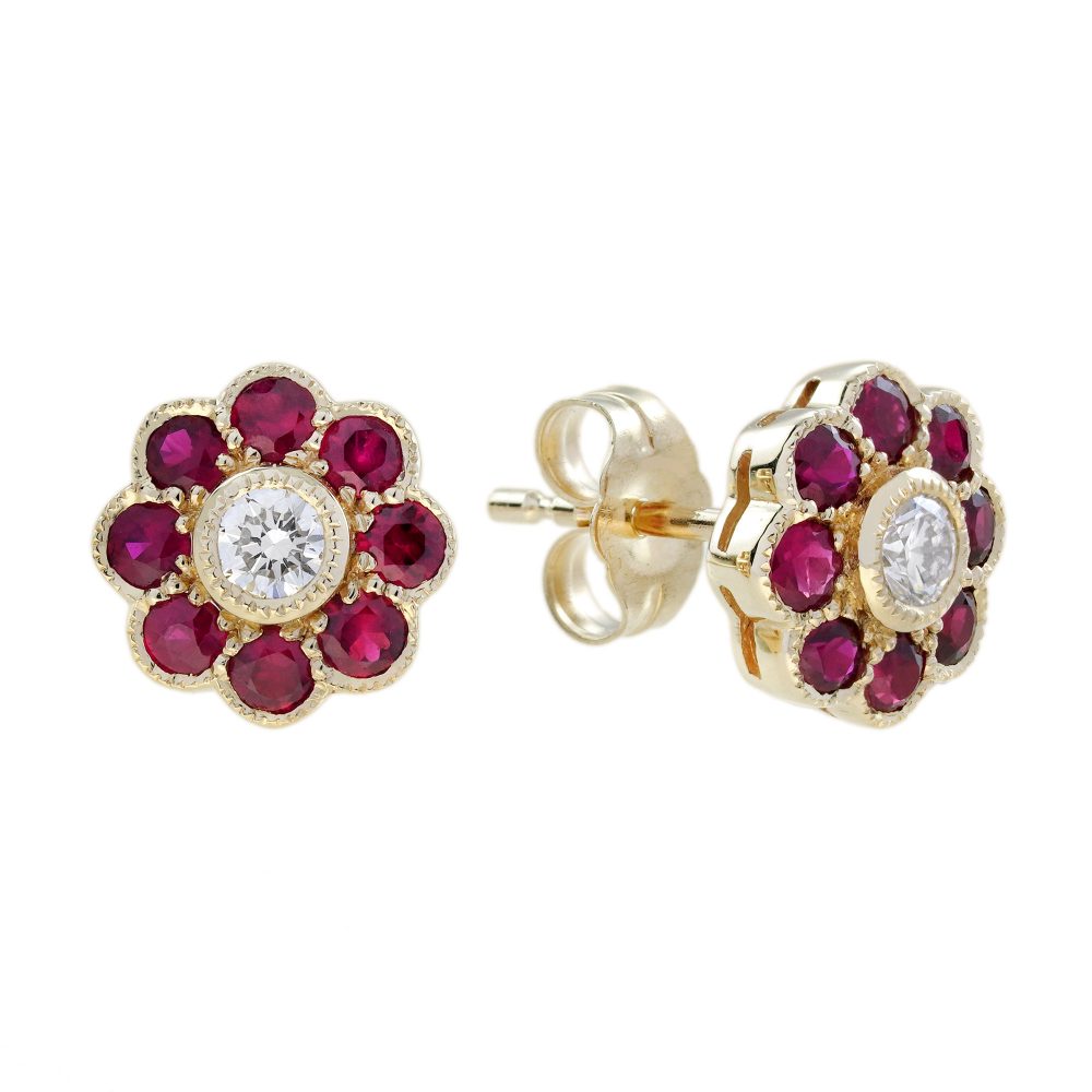 Diamond and Ruby Art Deco Style Floral Stud Earrings