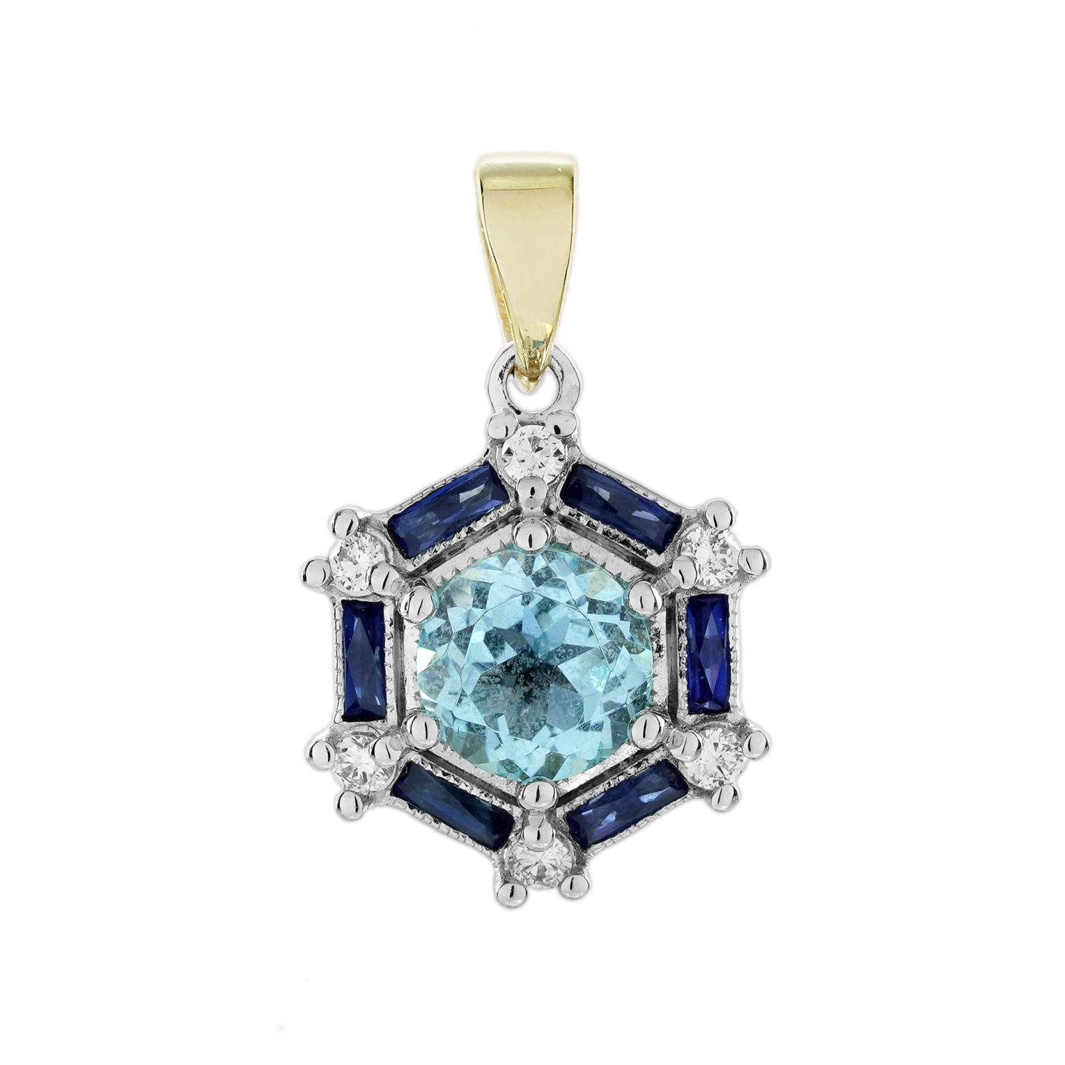 Blue Topaz Sapphire and Diamond Art Deco Style Pendant